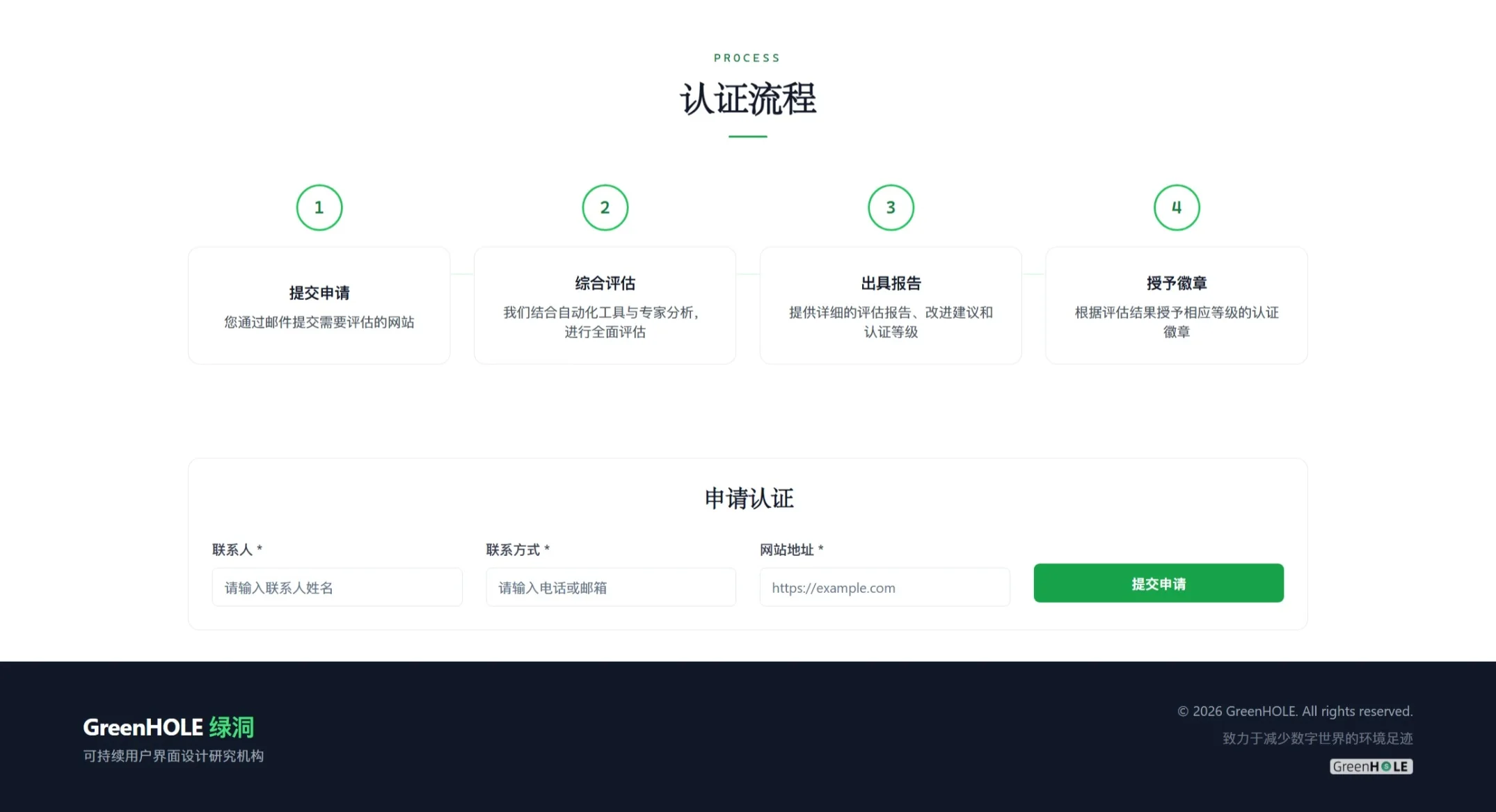 GreenHole website-sustainability certification application flow